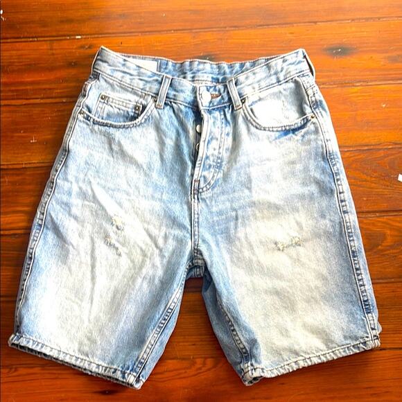 Zara distressed long inseam hi rise button fly denim jean Bermuda shorts sz 29 - Picture 1 of 6
